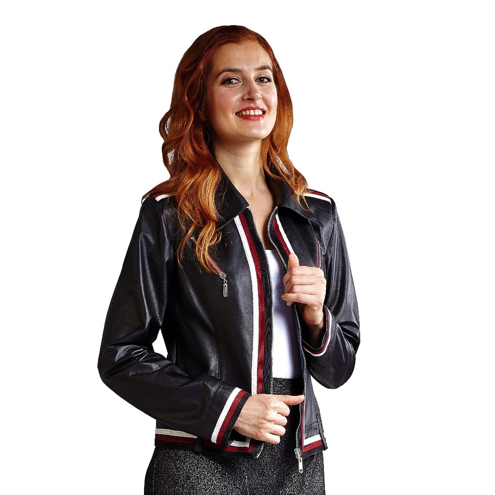 Faux Leather Moto Jacket with Ribbon trim